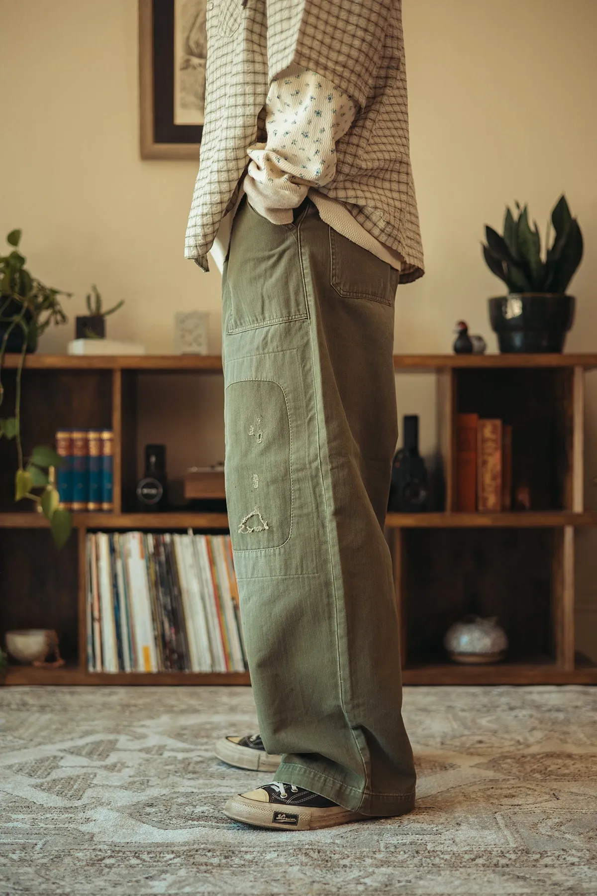 Herringbone FATIGUE Baggy Pants (RUSHFILED Remake) - Khaki sold by Canoe Club product image thumbnail 3