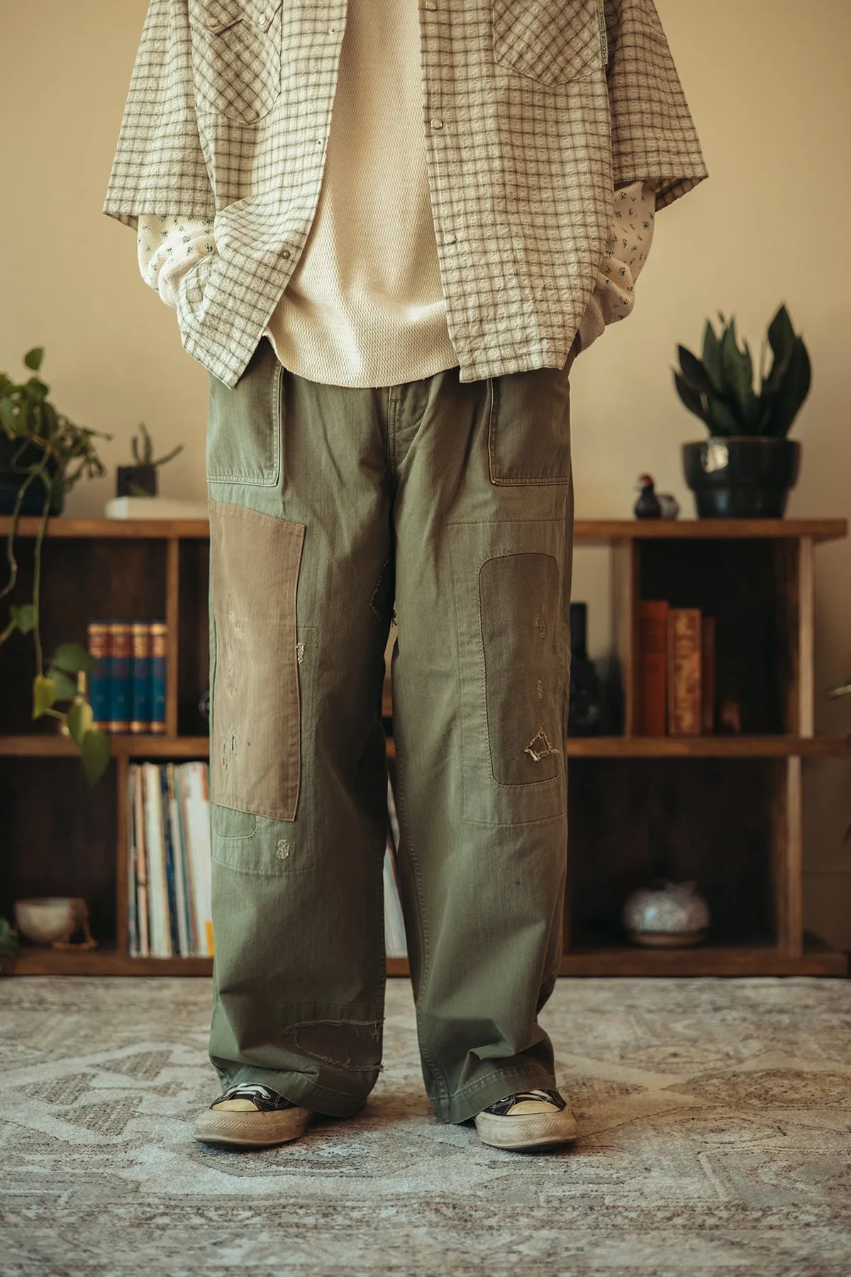 Herringbone FATIGUE Baggy Pants (RUSHFILED Remake) - Khaki sold by Canoe Club product image thumbnail 2