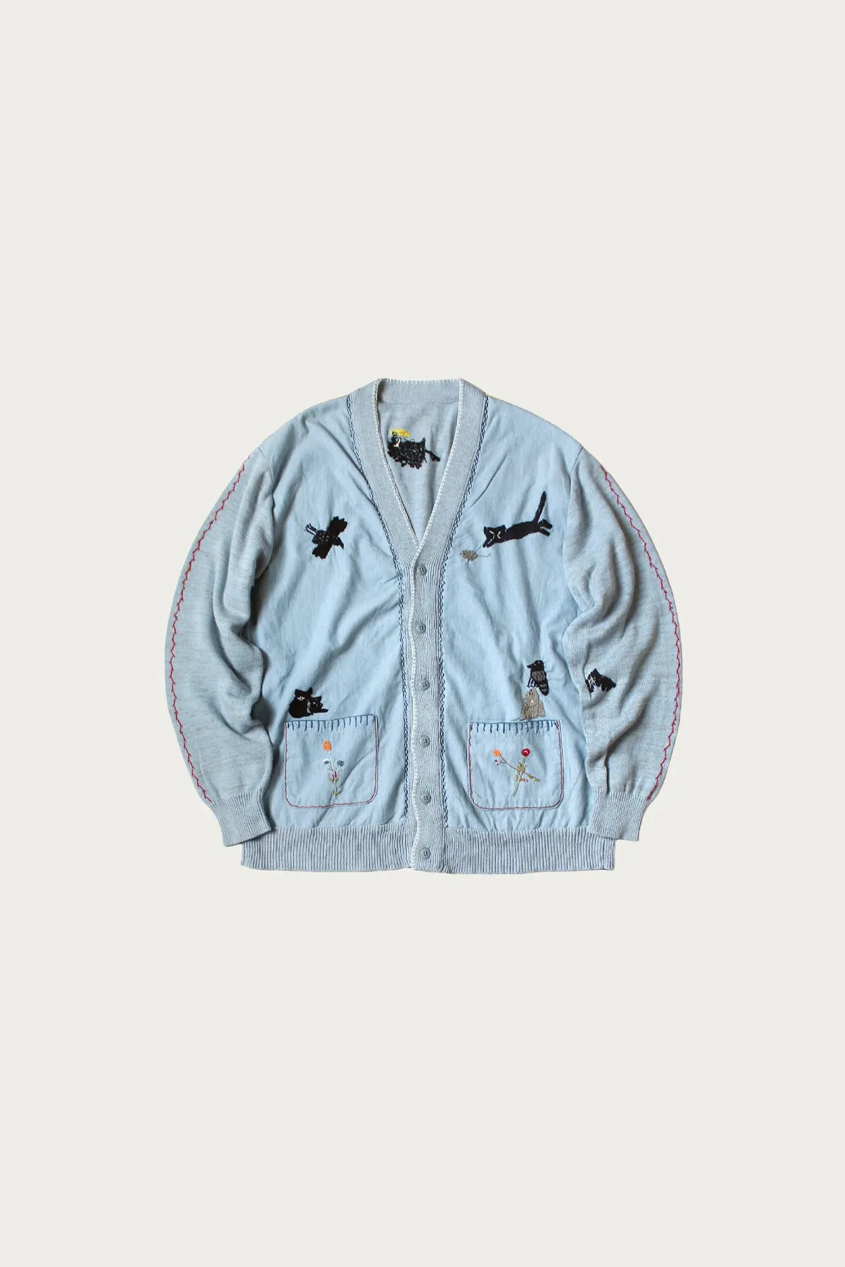 Knit x Chambray Cardigan (Raven & Cat Embroidery) - Sax sold by Canoe Club