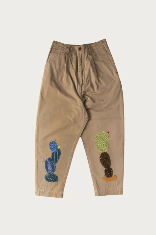 Chino High Waisted NIME Pants (CACTUS Embroidery) - Beige sold by Canoe Club