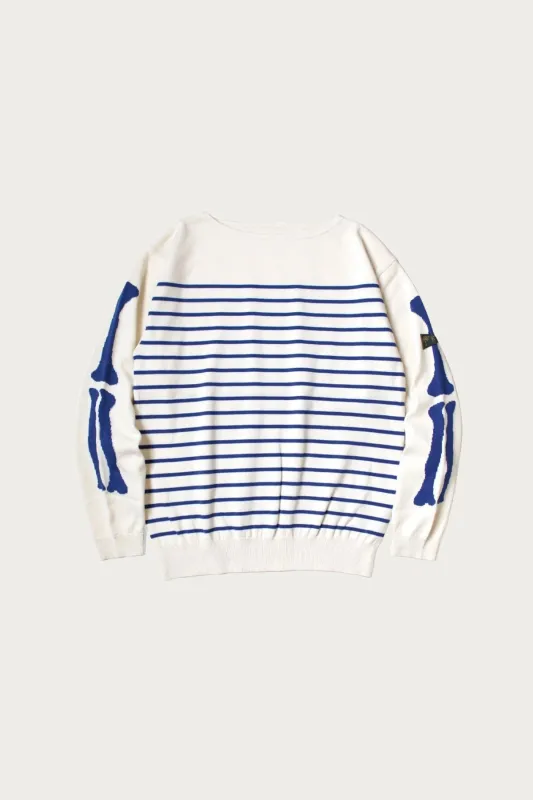 12G Panel Stripe Knit Boat-Neck Sweater (BONE Sleeve) - Navy Blue made by Kapital