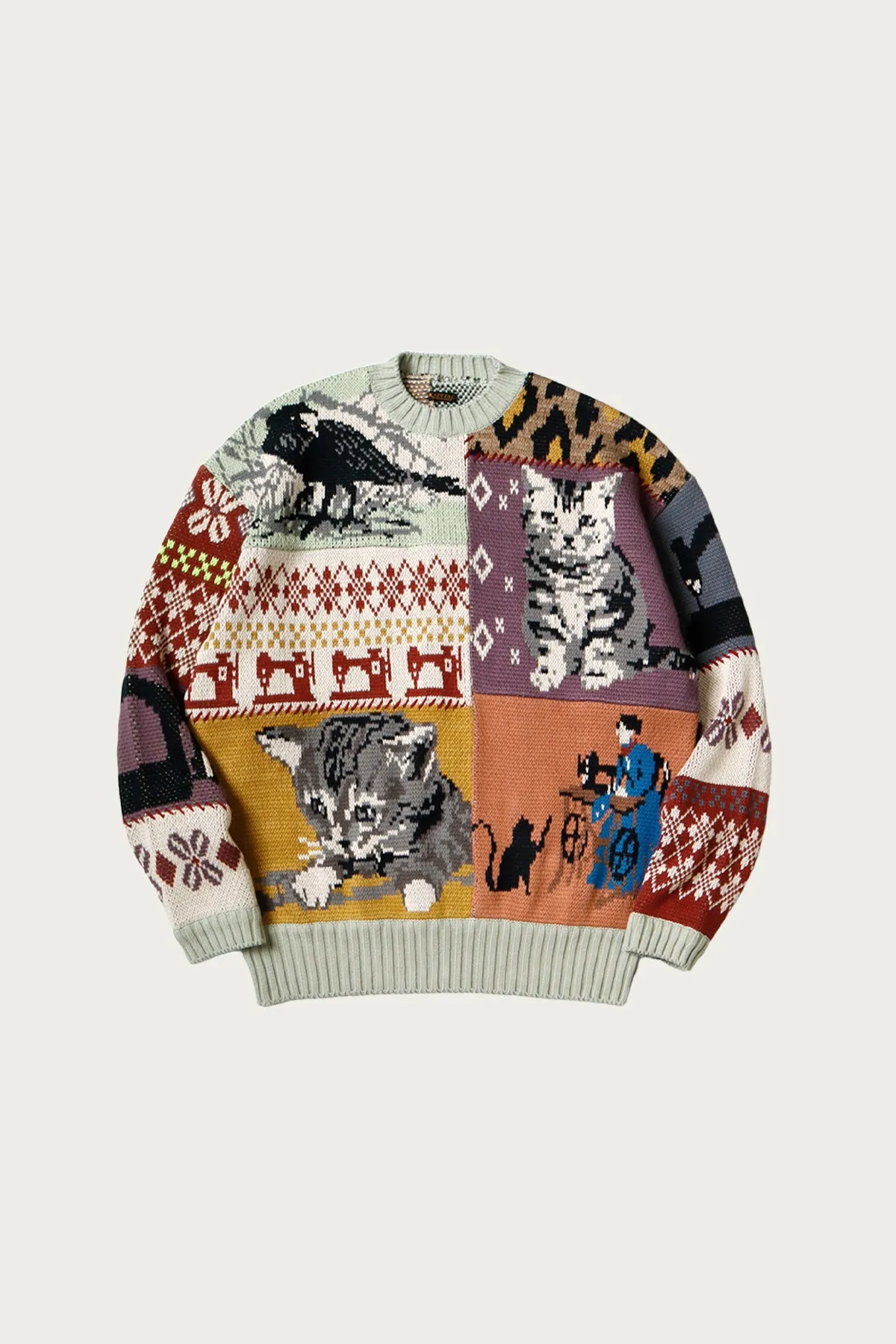 5G Cotton Knit Patchwork BIG Crew Sweater(Cat&Raven) - Mint sold by Canoe Club