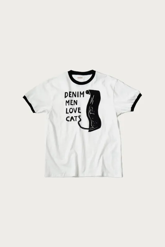20/-Jersey Ringer T (DENIM MEN LOVE CATS SCRATCH) - White made by Kapital