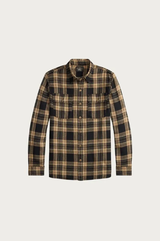 Plaid Cotton-Linen Workshirt - Black/Brown/Tan sold by Canoe Club