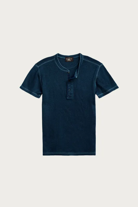 Waffle Knit Shortsleeve Henley Shirt - Rinsed Blue Indigo made by RRL