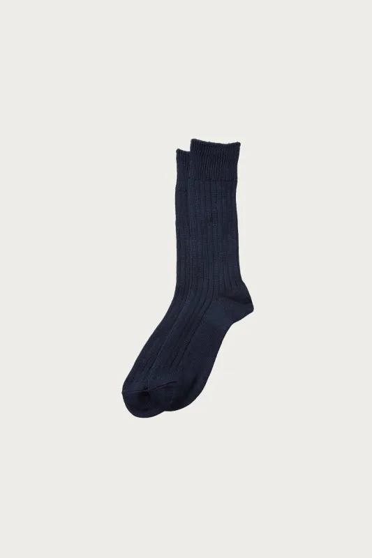 Linen Cotton Ribbed Crew Socks - Navy made by ROTOTO