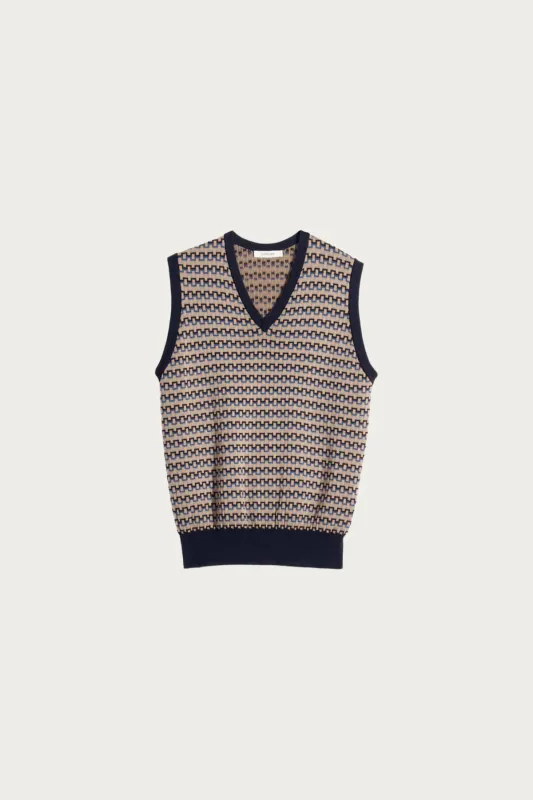 V Neck Jacquard Vest - Black/Beige/Blue made by Lemaire