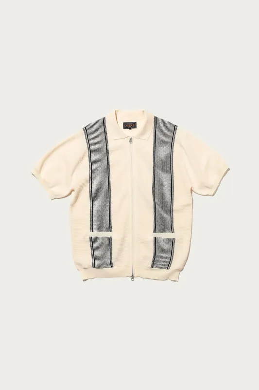 Zip Knit Polo Stripe - Off White made by BEAMS PLUS