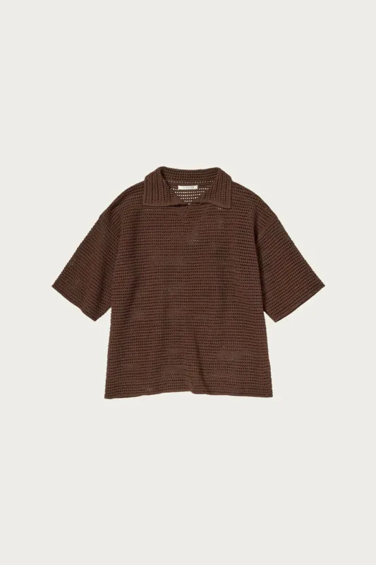 Tussah Silk Cotton Mesh Knit Skipper Polo - Brown made by Auralee