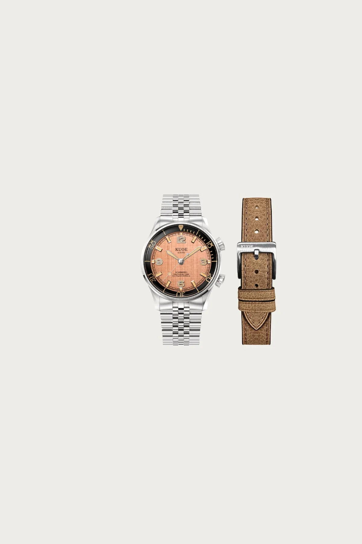 Sombrero 90-011 - Salmon Pink Linen Textured Dial/Stainless Bracelet + Extra Leather Strap sold by Canoe Club