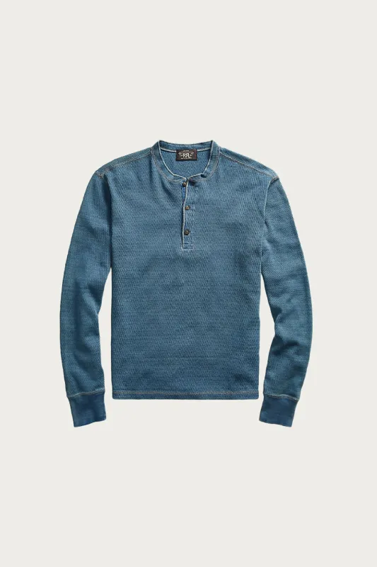 Indigo Jacquard-Knit Henley Shirt - Washed Blue Indigo made by RRL