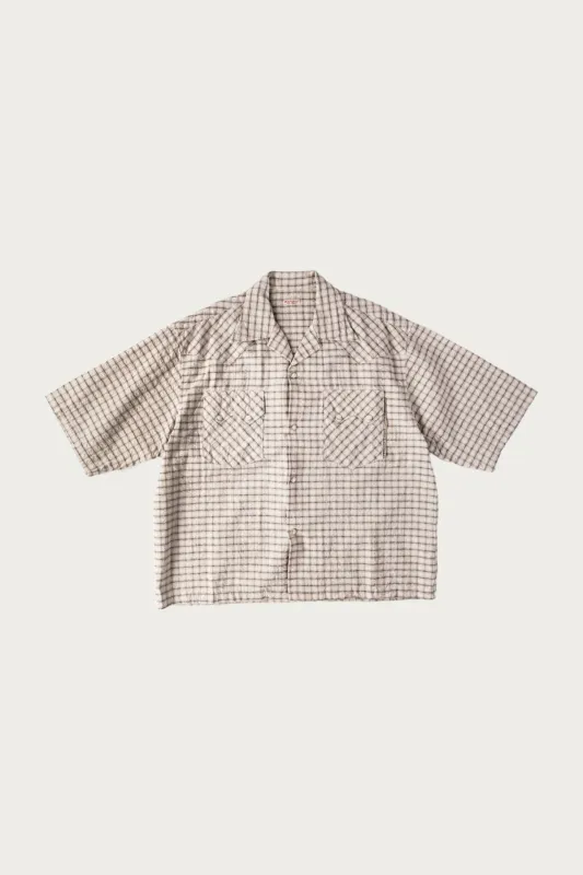 Cotton Linen Seersucker Check Open-Collar Western BIG Shirt - Black made by Kapital