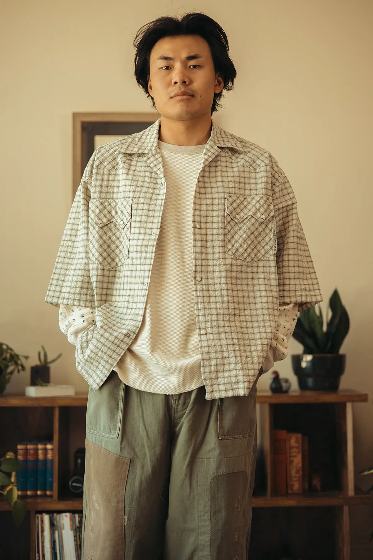 Cotton Linen Seersucker Check Open-Collar Western BIG Shirt - Green sold by Canoe Club product image thumbnail 2