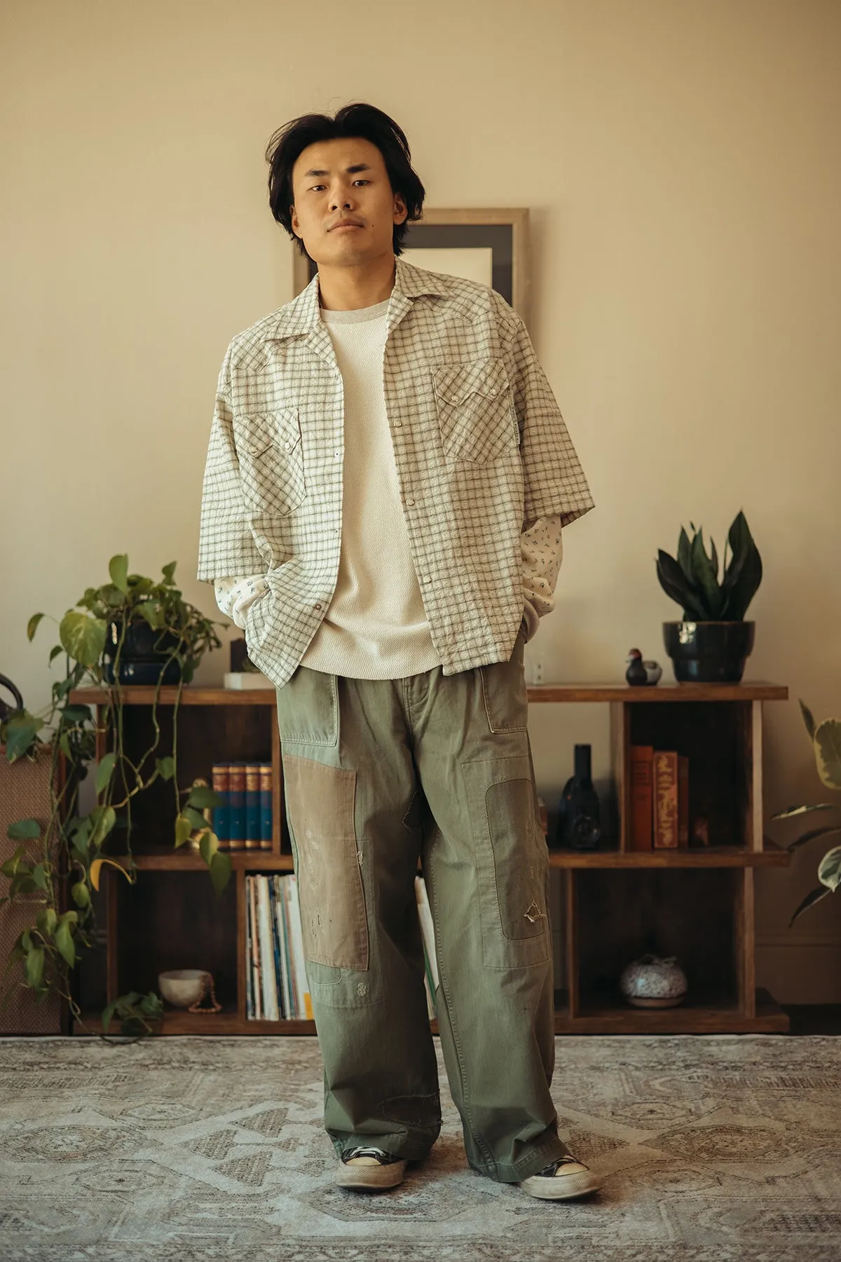 Cotton Linen Seersucker Check Open-Collar Western BIG Shirt - Green sold by Canoe Club product image thumbnail 3