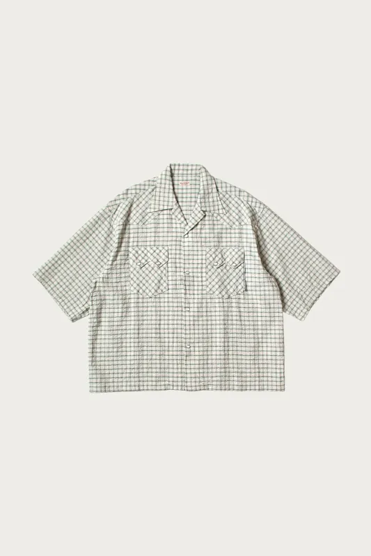 Cotton Linen Seersucker Check Open-Collar Western BIG Shirt - Green made by Kapital