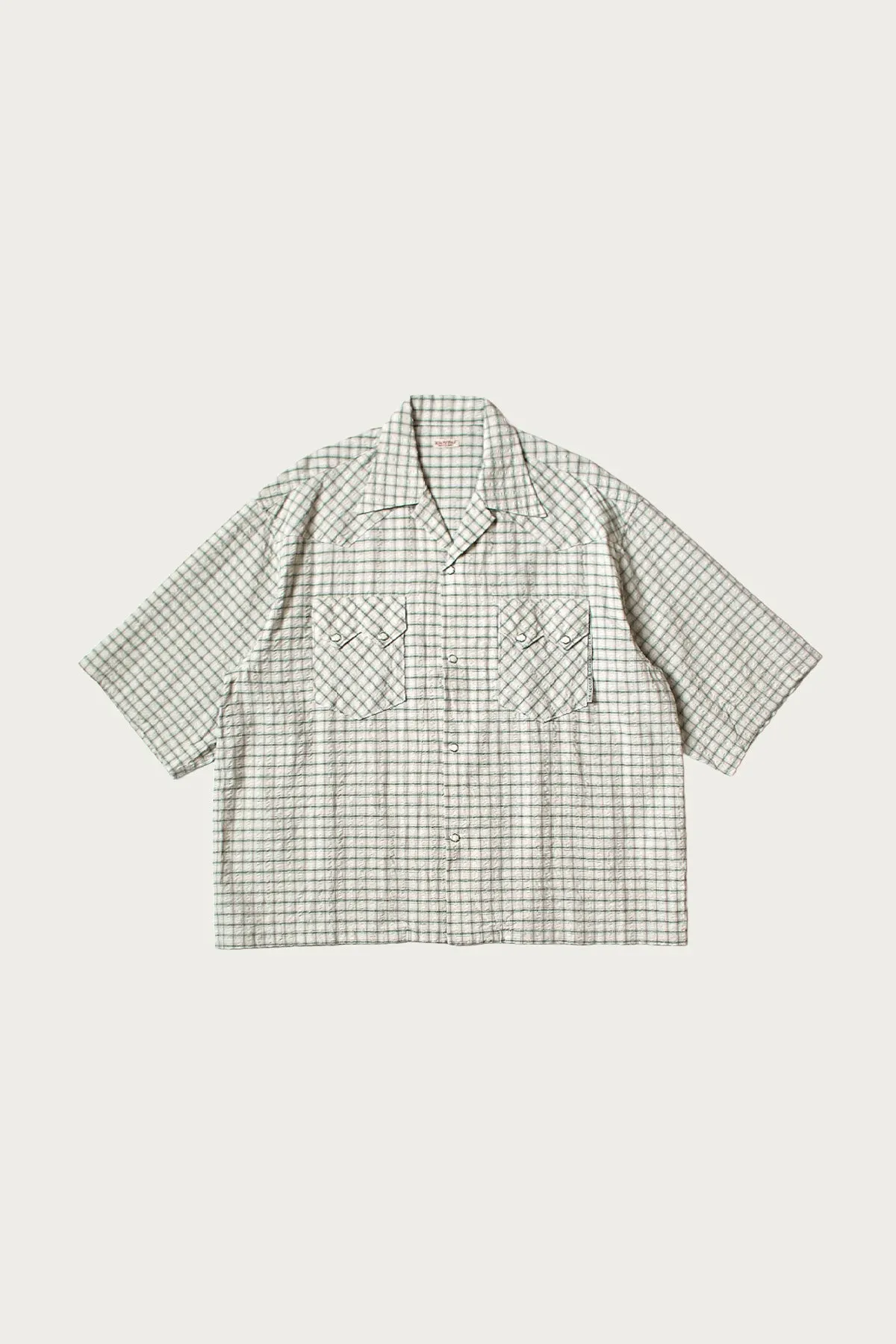 Cotton Linen Seersucker Check Open-Collar Western BIG Shirt - Green sold by Canoe Club
