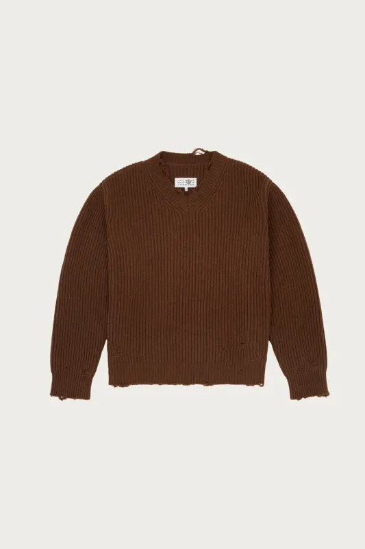 Distressed V-Neck Sweater - Brown made by Maison Margiela