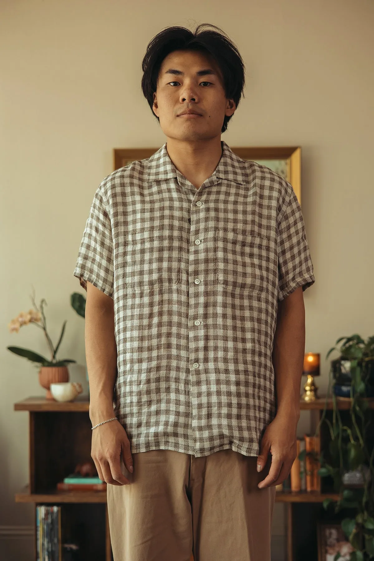 Open Collar Pajama Plaid Linen - Brown sold by Canoe Club product image thumbnail 2