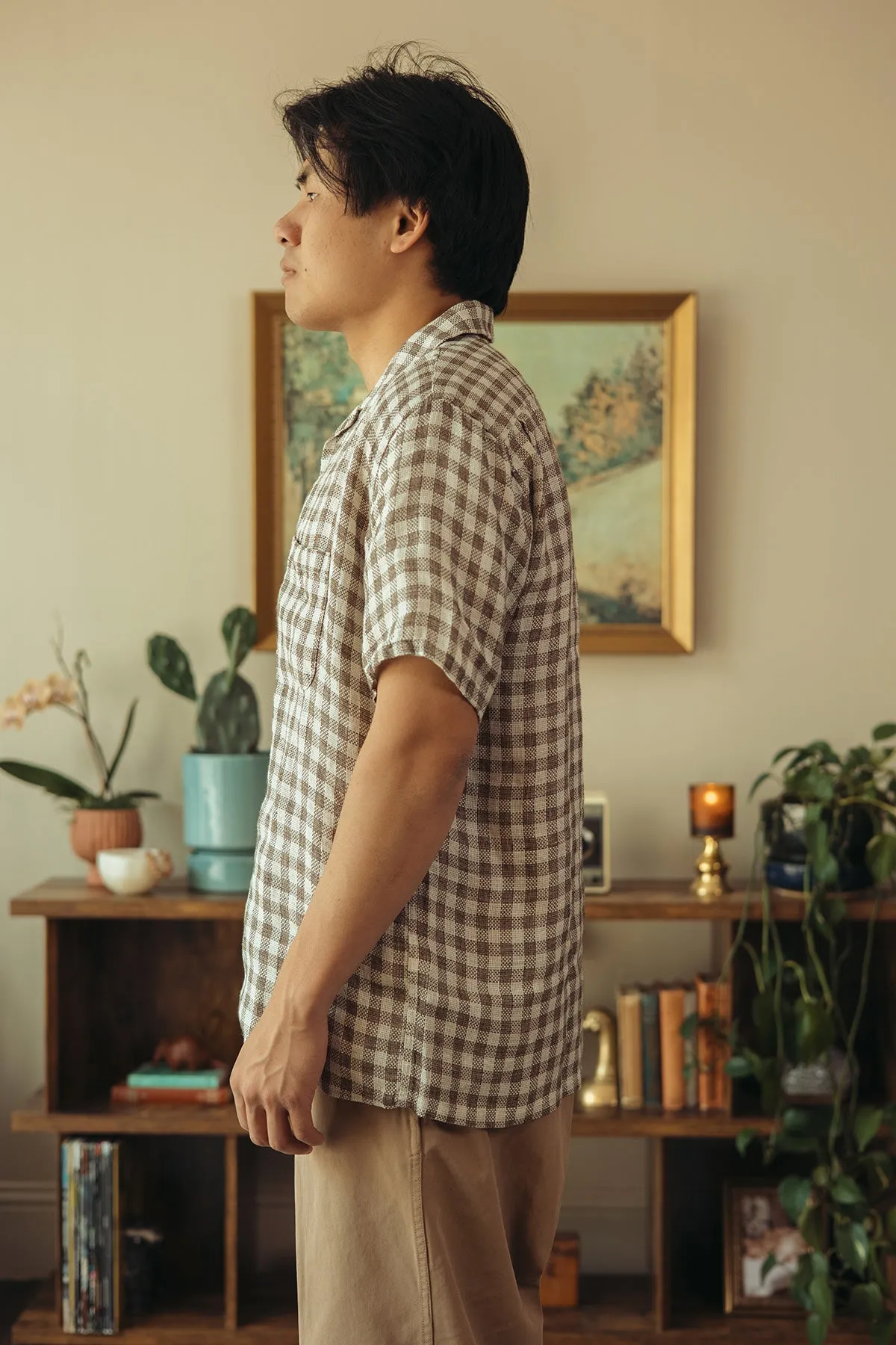 Open Collar Pajama Plaid Linen - Brown sold by Canoe Club product image thumbnail 3