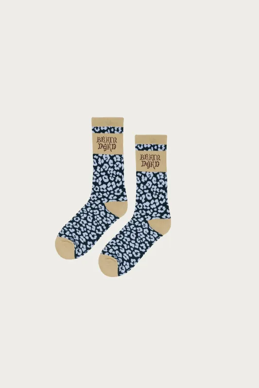Paneled Logo Crew Socks - Blue Leopard/Khaki made by Brain Dead