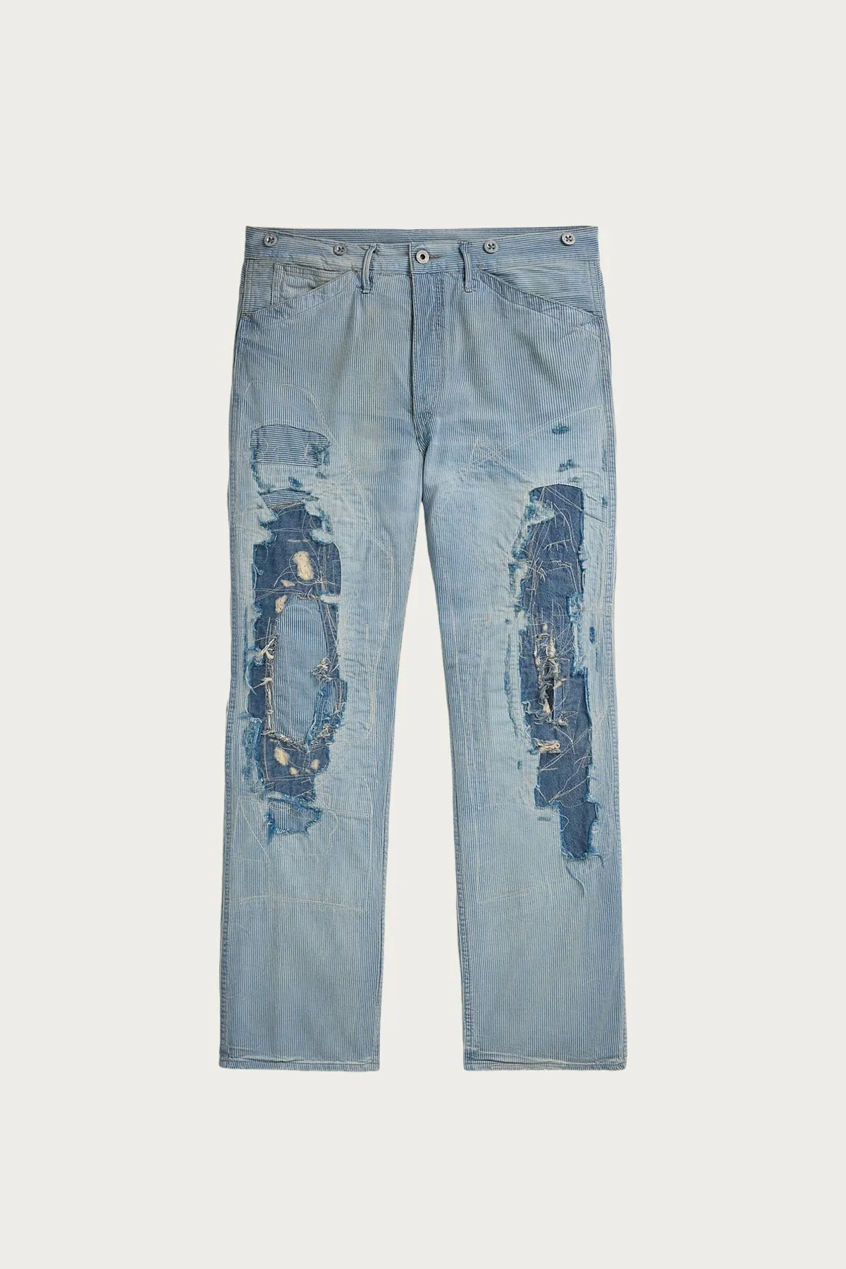 Vintage 5-Pocket Repaired Indigo Pant - Destroyed Repair Stripe sold by Canoe Club