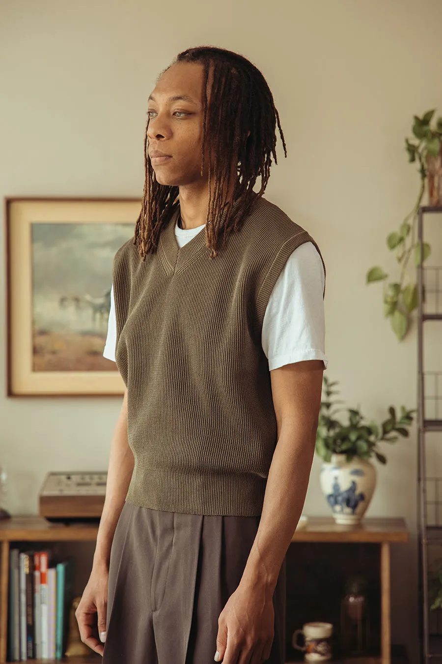 Flat Yarn Rib Knit Vest - Khaki sold by Canoe Club product image thumbnail 3