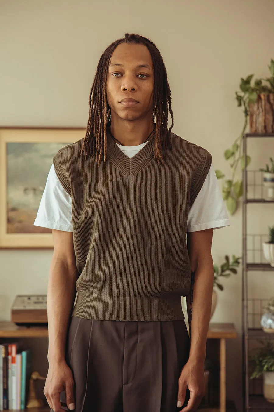 Flat Yarn Rib Knit Vest - Khaki sold by Canoe Club product image thumbnail 2