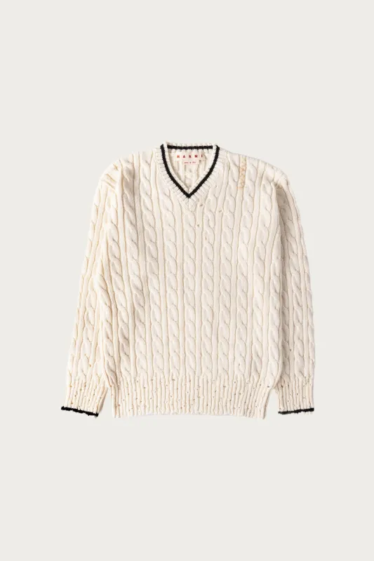Disheveled Cotton 5G V Neck Sweater - Natural White made by Marni