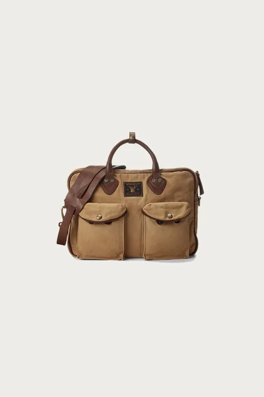 Leather-Trim Canvas Briefcase - Khaki/Brown made by RRL