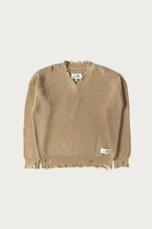 Distressed Knit V-Neck Sweater - Camel made by Maison Margiela