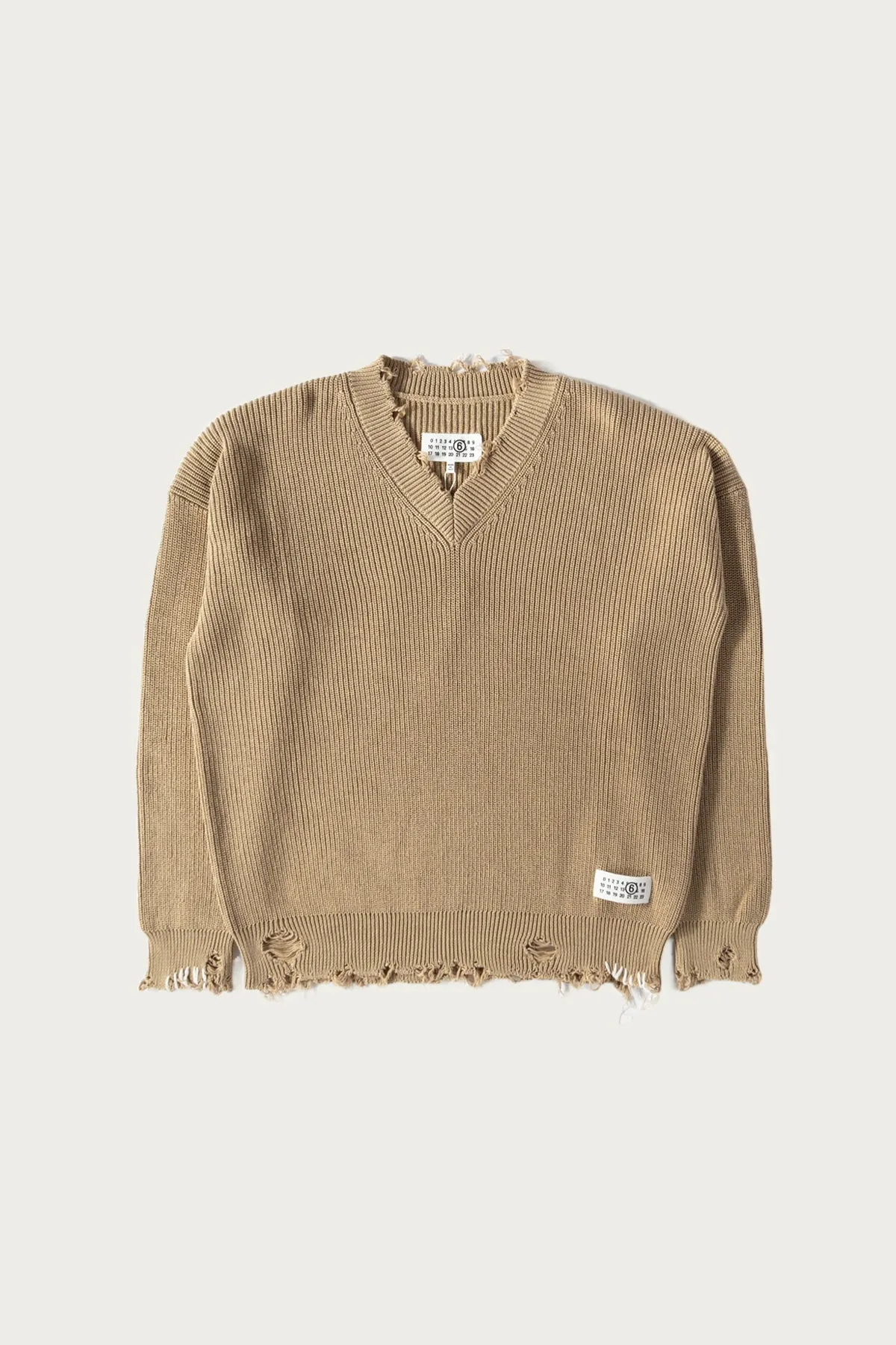 Distressed Knit V-Neck Sweater - Camel sold by Canoe Club