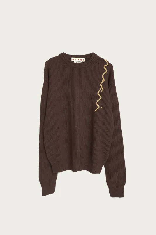 Embroidered Logo Roundneck Sweater - Moca made by Marni