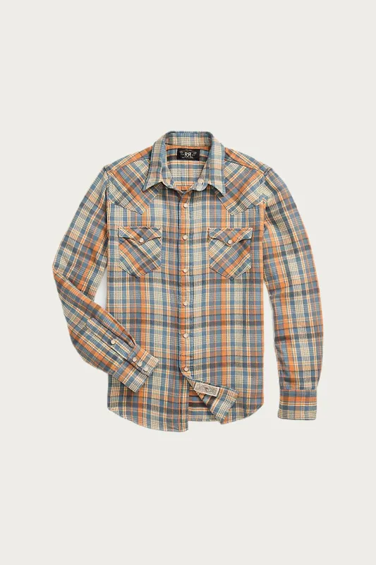 Slim Fit Plaid Twill Western Shirt - Blue/Orange Multi sold by Canoe Club