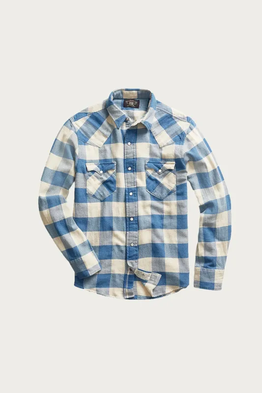 Slim Fit Plaid Twill Western Shirt - Indigo/Cream sold by Canoe Club