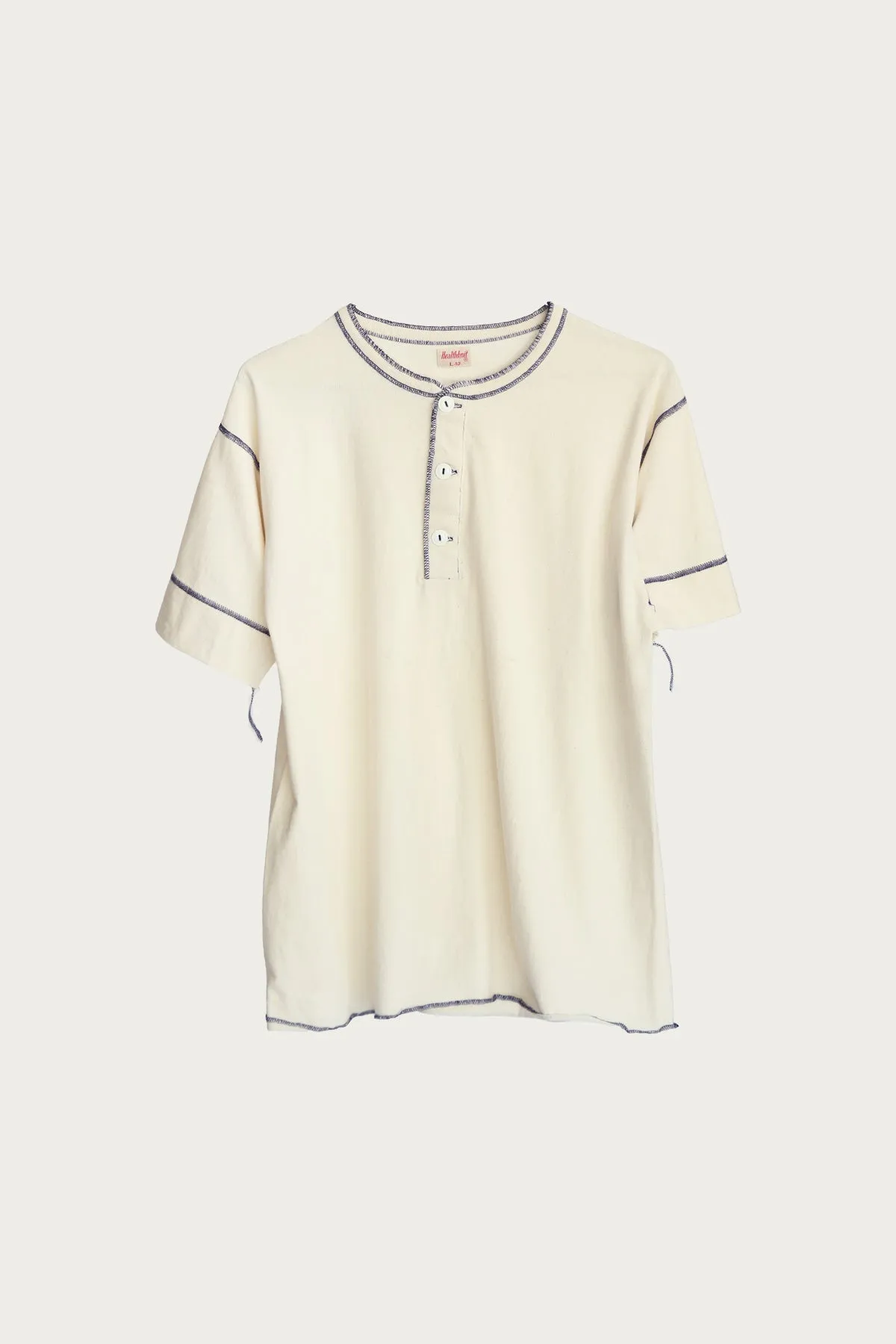 70's L/S Henley - Natural x Navy Stitch sold by Canoe Club