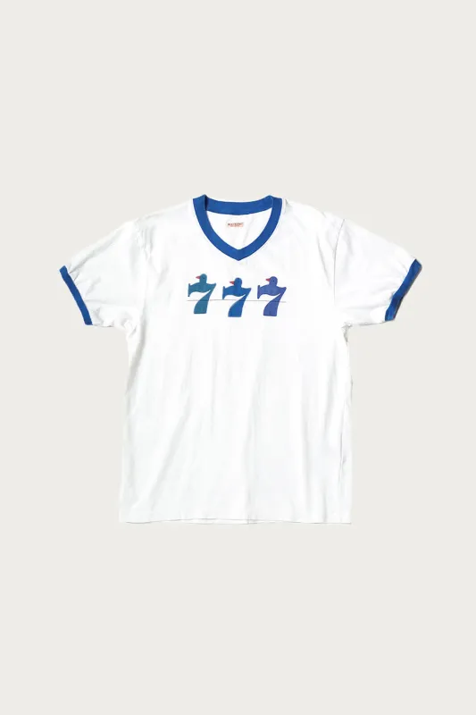 20/-Jersey V-Neck RINGER T (Lucky Battery Bird) - White made by Kapital