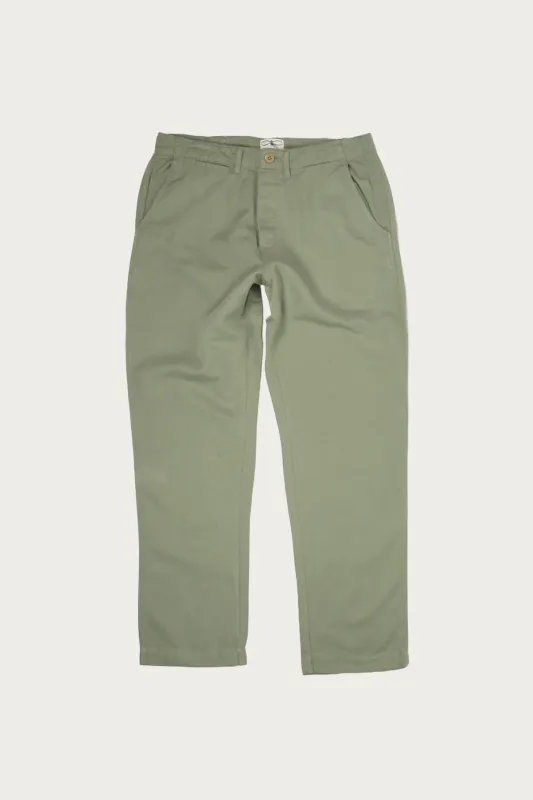 Flat Front Slub Cotton/Linen Twill Chinos - Faded Olive made by Wythe NY