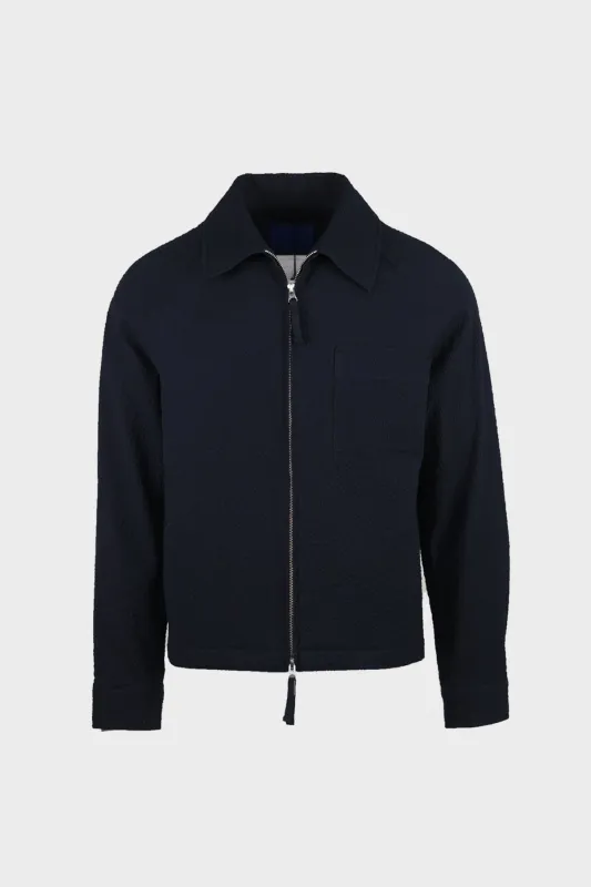 Stretch Seersucker Zip Up Jacket - Dark Navy made by Document