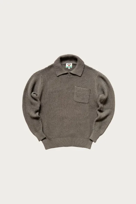 Moss Stitch Polo Sweater - Dusty Olive made by Canoe Club