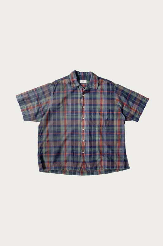 Lawncheck Open Collar Shirt - Blue Check made by Herill