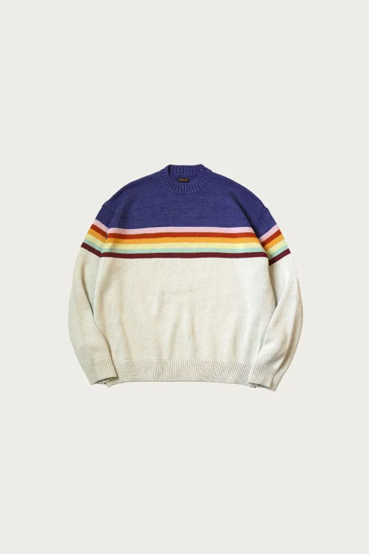 5G Cotton Knit 2-TONES PECKISH RAIBOW Crew Sweater - Aubergine made by Kapital