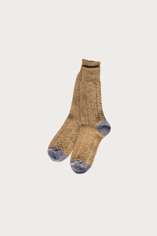 96 Yarns Linen Jacquard KUBA Socks - Brown made by Kapital