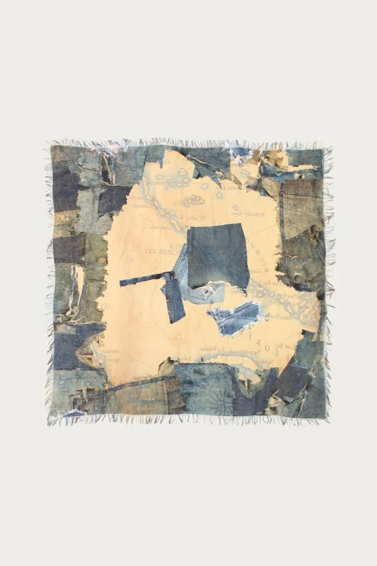 Rayon Fringed Square Stole (KAYO HUESO Denim Map) - Blue made by Kapital