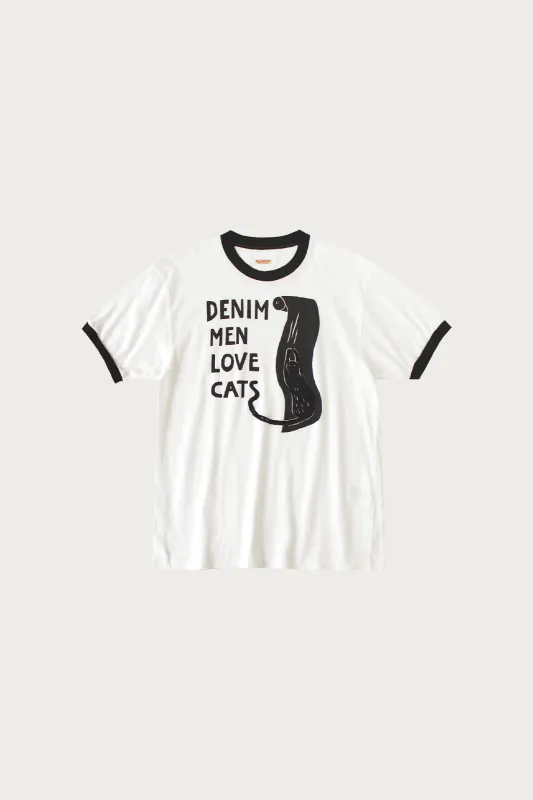 20/-Jersey Ringer T (DENIM MEN LOVE CATS) - White made by Kapital