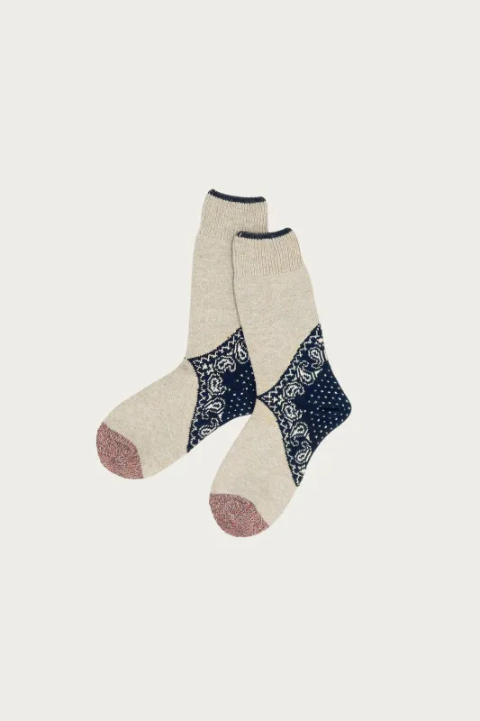 96 Yarns Paisley Bandana Heel Socks - Navy made by Kapital
