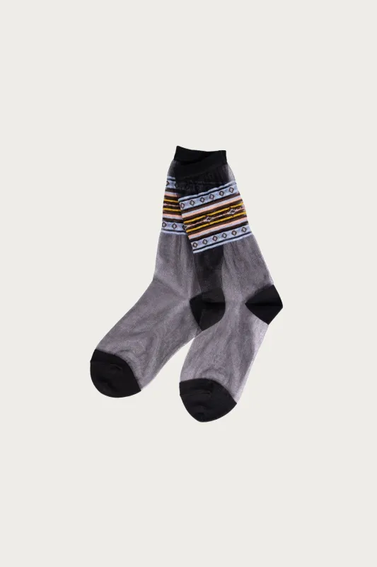 200 Yarns GYPSY Stripe Sheer Socks - Black/Sax made by Kapital