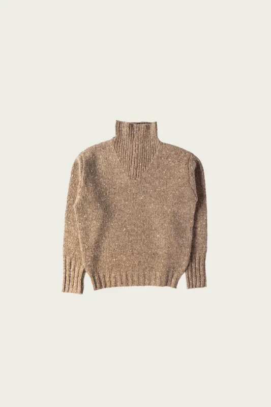 Low-Gauge Homespun Tweed Knit Zip Turtle - Top Brown made by Auralee