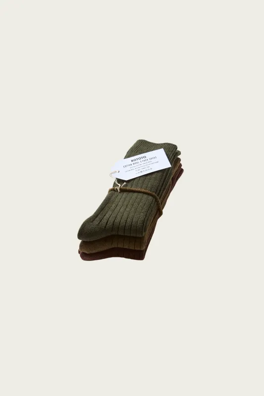 Cotton Wool Ribbed Crew 3 Pack Socks - Olive Tones made by ROTOTO