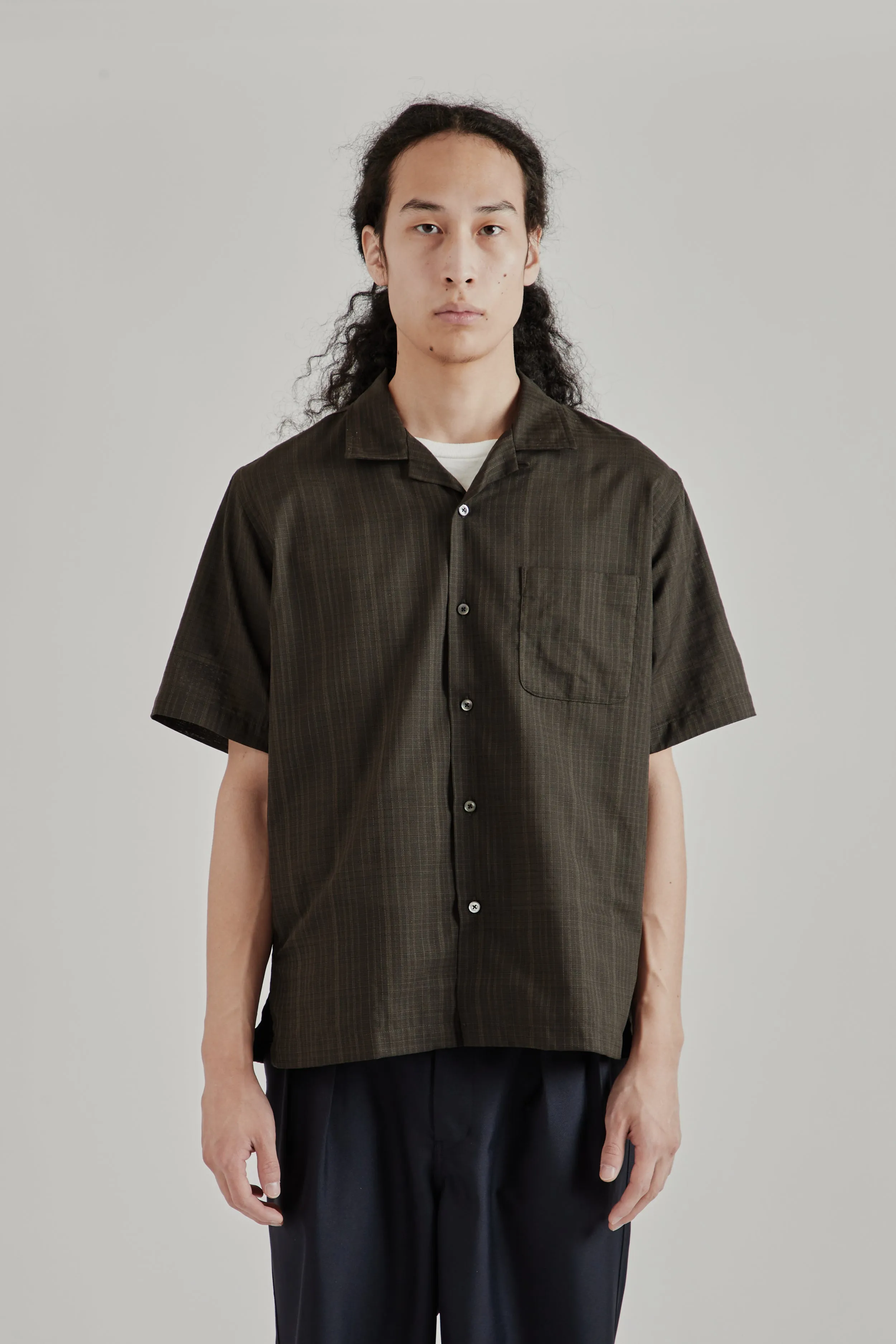 Open Collar Panama Short Sleeve Shirt - Charcoal sold by Wallace Mercantile