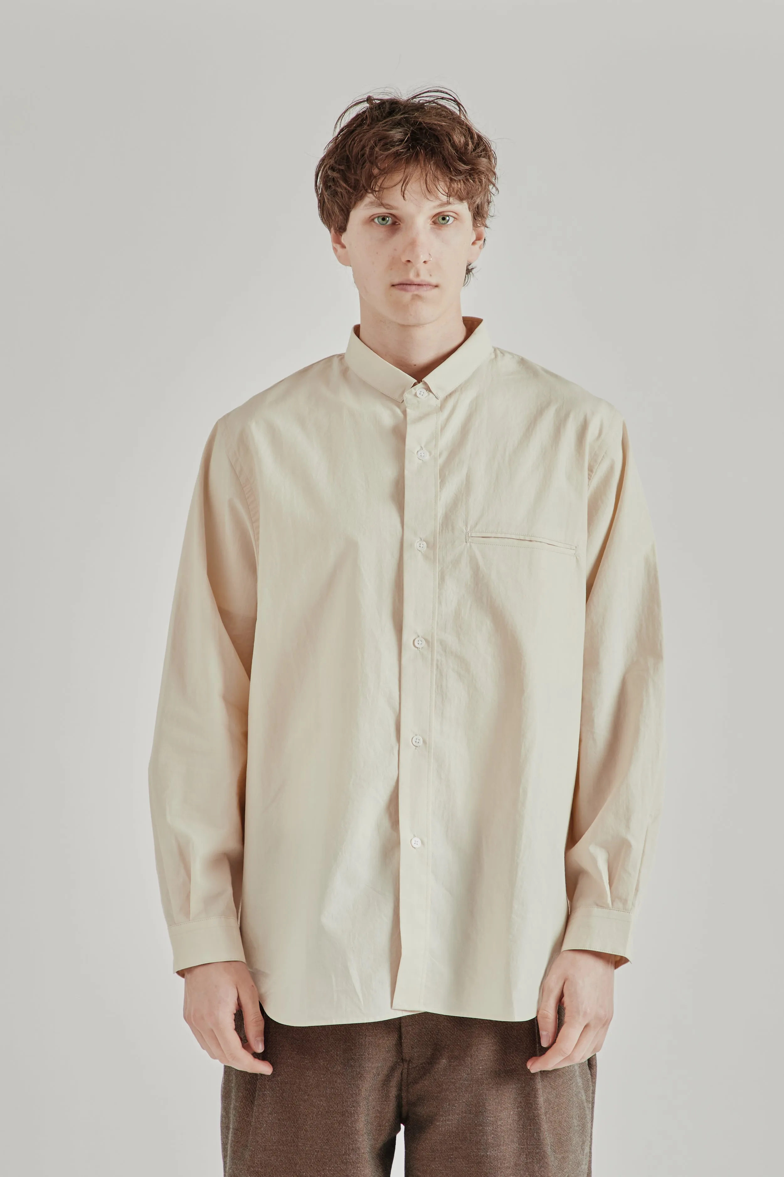 Linen Mixed Narrow Collar Shirt - Light Beige sold by Wallace Mercantile